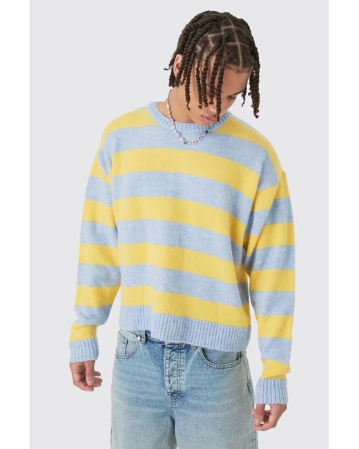 BoohooMAN Oversized Boxy Stripe Knit Sweater In Light Blue for men