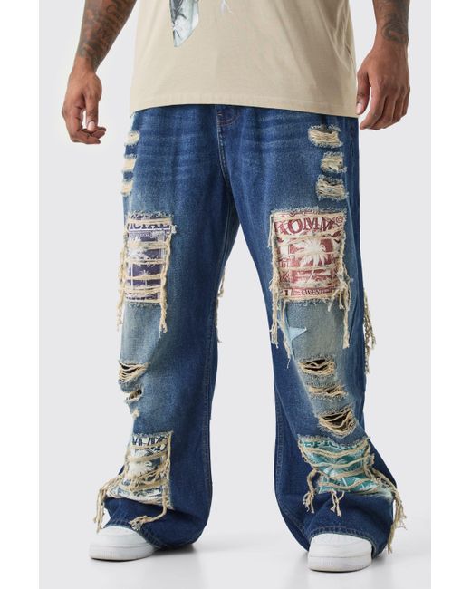 BoohooMAN Plus Relaxed Rigid Flare Applique Jeans in Blue für Herren
