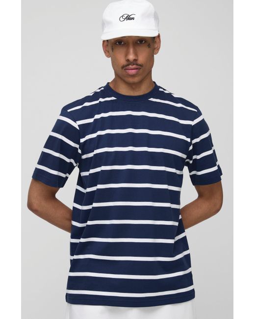 BoohooMAN Blue Relaxed Striped Crew Neck T-Shirt