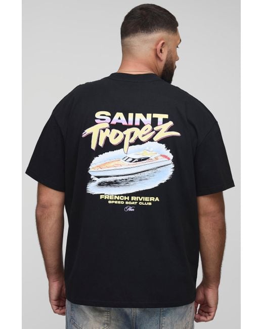 BoohooMAN Black Plus Oversized Saint Tropez Print T-Shirt for men