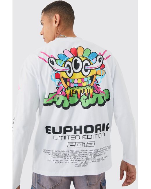 BoohooMAN White Long Sleeve Euphoria Graphic T-shirt for men