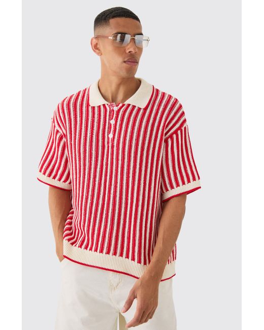 BoohooMAN Red Oversized Boxy Stripe Open Stitch Polo for men