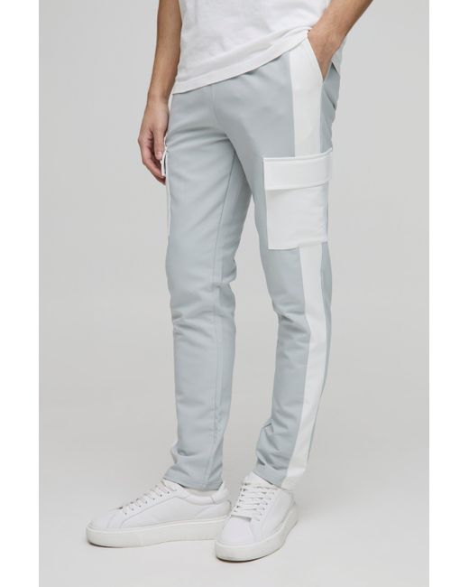 BoohooMAN Gray Elasticated Waist Skinny Fit Technical Stretch Colour Block Cargo Pants for men