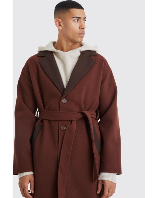 BoohooMAN Colorblock Mantel mit Gürtel in Brown für Herren