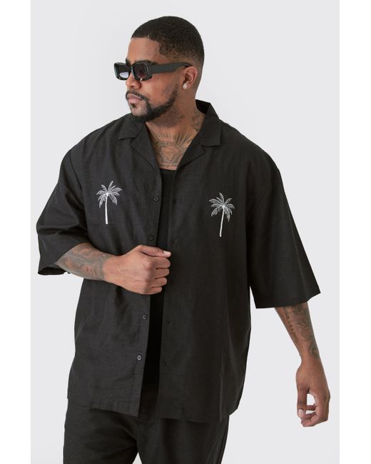 BoohooMAN Plus Linen Embroidered Drop Revere Shirt In Black for men