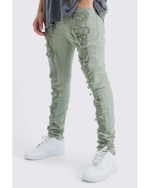 BoohooMAN Green Skinny Stretch Multi Rip & Repair Jean for men
