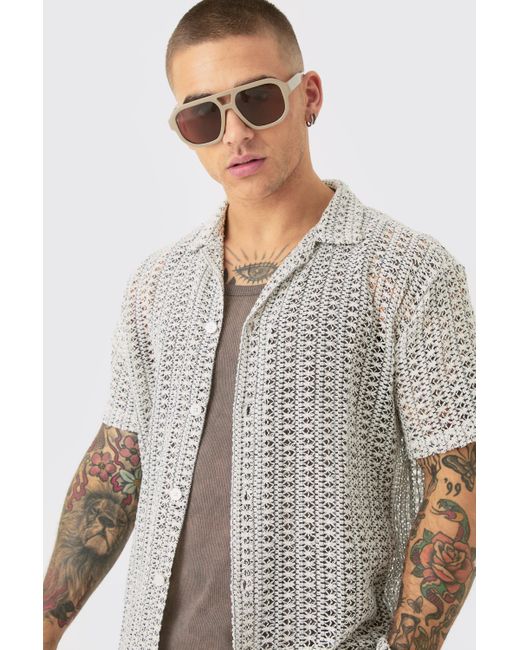 BoohooMAN Natural Oversized Open Knit Stripe Shirt for men