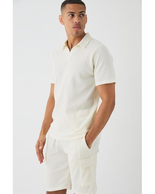 BoohooMAN White Slim Waffle Revere Polo And Cargo Shorts Set for men
