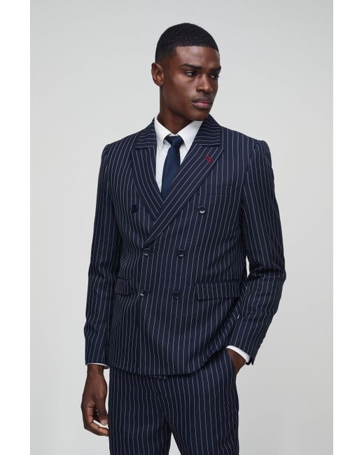 BoohooMAN Blue Relaxed Fit Pinstripe Double Breasted Blazer for men