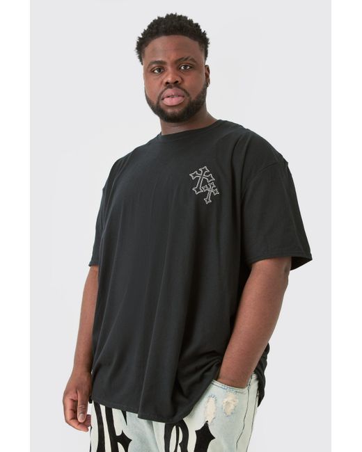 BoohooMAN Plus Oversized Cross Embroidered T-shirt In Black for men
