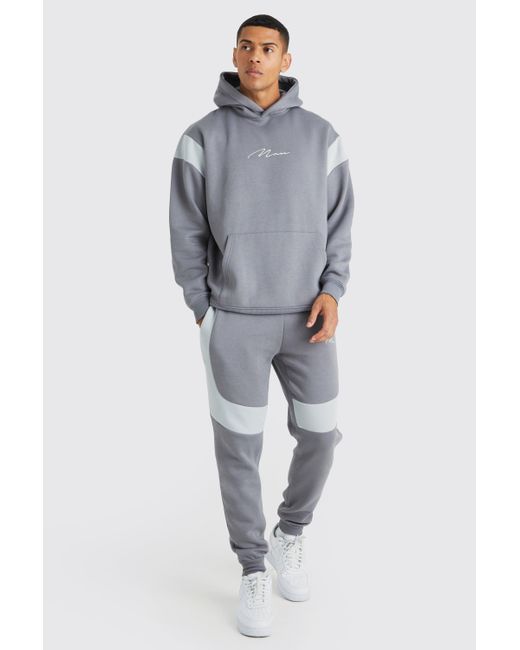 BoohooMAN Gray Oversized Man Colour Block Hooded Tracksuit for men