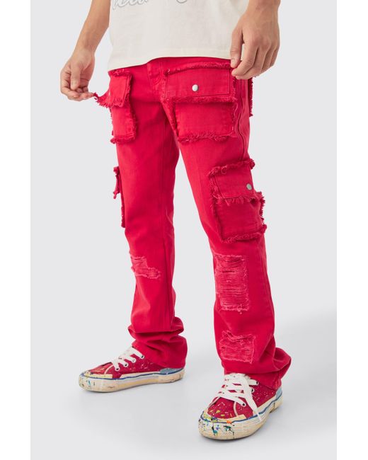 BoohooMAN Slim Rigid Flare Distressed Pocket Jeans In Red for men
