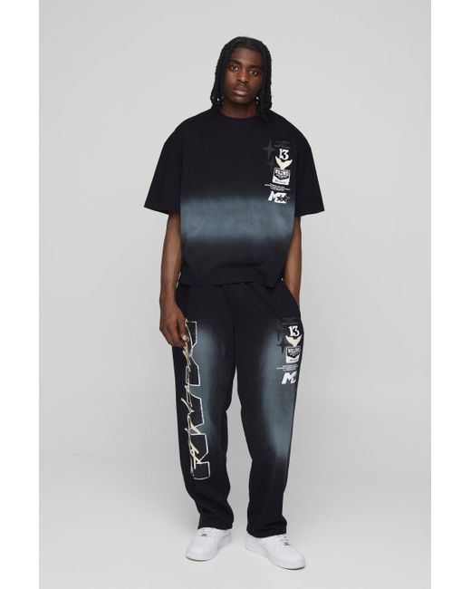 BoohooMAN Black Oversized Man Washed T-shirt & Jogger Long Set for men