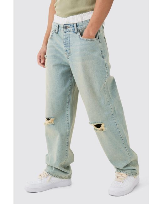 Boohoo Baggy Rigid Boxer Waistband Ripped Knee Jeans In Antique Blue