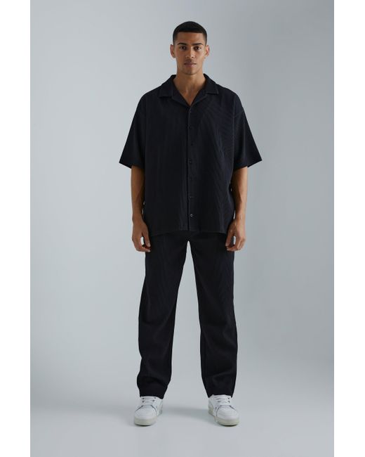 BoohooMAN Black Oversized Short Sleeve Pleated Shirt & Straight Trouser for men