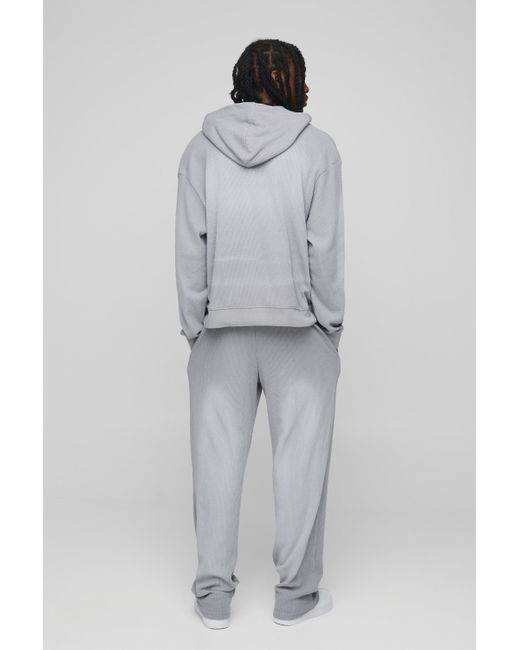 BoohooMAN Gray Oversized Boxy Washed Waffle Hooded Zip Tracksuit for men