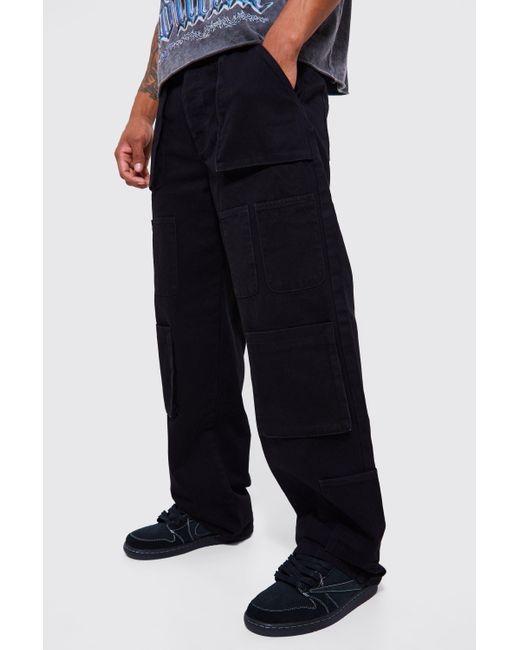 BoohooMAN Black Baggy Fit Multi Cargo Pocket Jeans for men