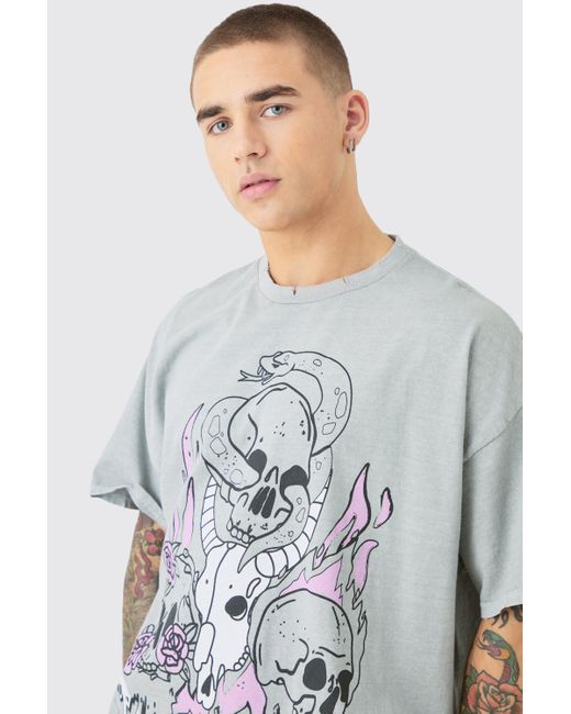 BoohooMAN Gray Oversized Heavyweight Skull Wash Graphic T-shirt for men