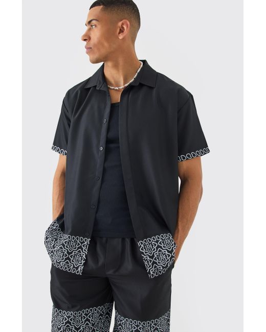 BoohooMAN Blue Oversized Soft Twill Printed Hem Shirt And Short for men