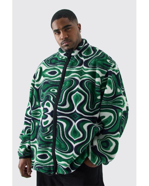BoohooMAN Green Plus Oversized Abstract Print Borg Funnel Neck Jacket for men