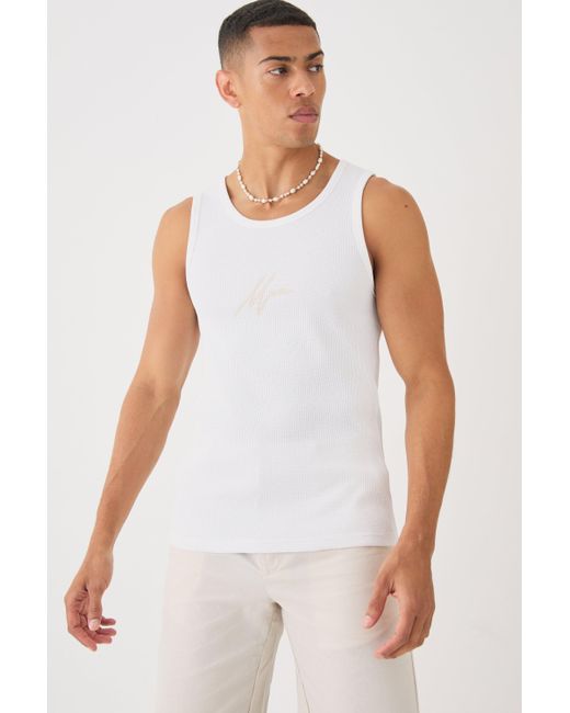 BoohooMAN White Man Signature Slim Waffle Embroidered Vest for men