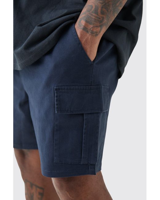 BoohooMAN Blue Plus Elastic Waist Navy Slim Fit Cargo Shorts for men