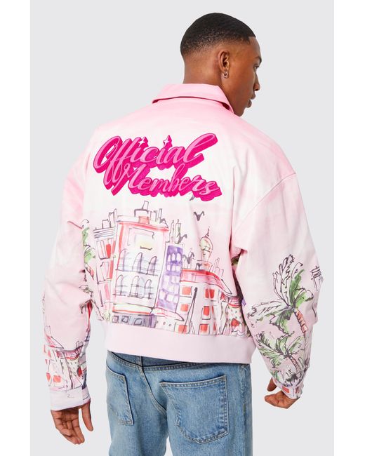 BoohooMAN Pink Boxy Scenic Print Pu Collared Bomber for men