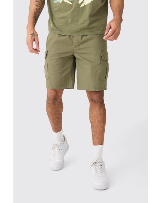 BoohooMAN Elastic Waist Khaki Relaxed Fit Cargo Shorts in Green für Herren