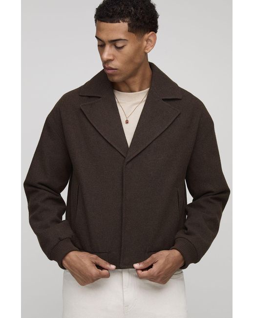 BoohooMAN Black Boxy Fit Textured Lapel Bomber Jacket for men