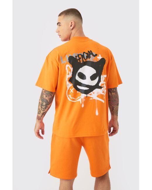 BoohooMAN Orange Oversized Extended Neck Graffiti T-shirt And Short Set for men