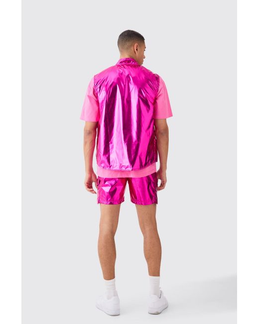 BoohooMAN Pink Metallic Tank And Parachute Short Set for men