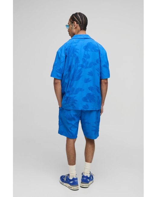 BoohooMAN Blue Oversized Abstract Towelling Shirt & Relaxed Short Set for men
