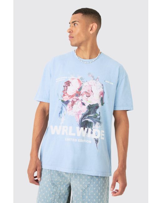 BoohooMAN Oversized Painted Floral Print T-shirt in Blue für Herren