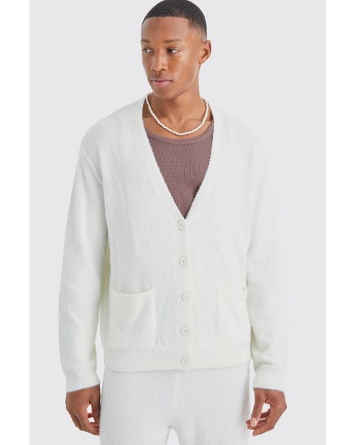 BoohooMAN White Boxy Fluffy Knitted Cardigan for men
