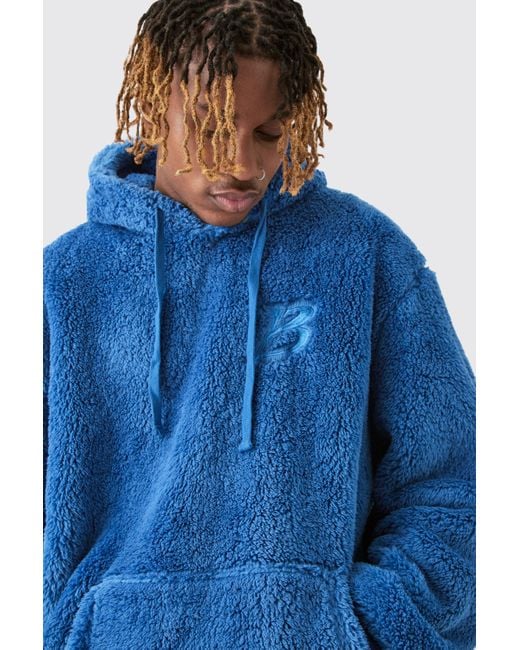 BoohooMAN Blue Tall Oversized Borg Embroidered Hooded Tracksuit for men
