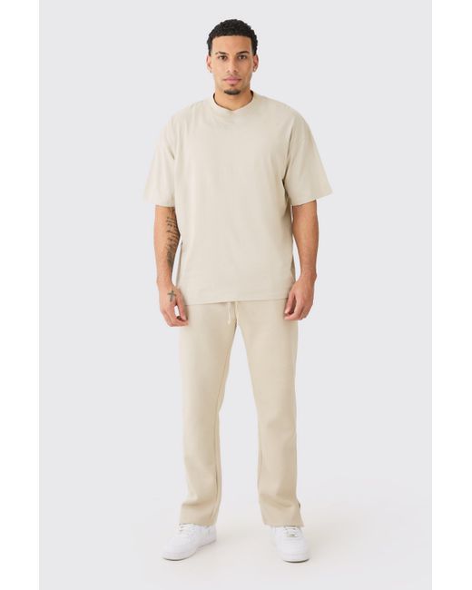 BoohooMAN Man Signature Oversized Extended Neck Tshirt And Jogger Set in Natural für Herren