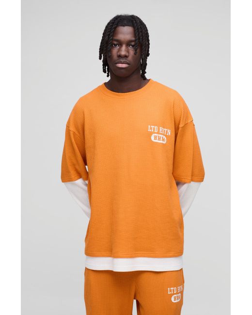 BoohooMAN Orange Oversized Faux Sleeve Waffle Print T-Shirt for men
