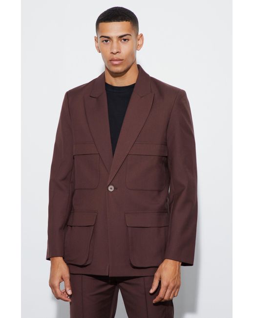 BoohooMAN Brown Relaxed Fit Cargo Blazer for men
