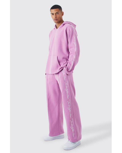 BoohooMAN Oversize Trainingsanzug mit rohem Saum und Stickerei in Pink für Herren