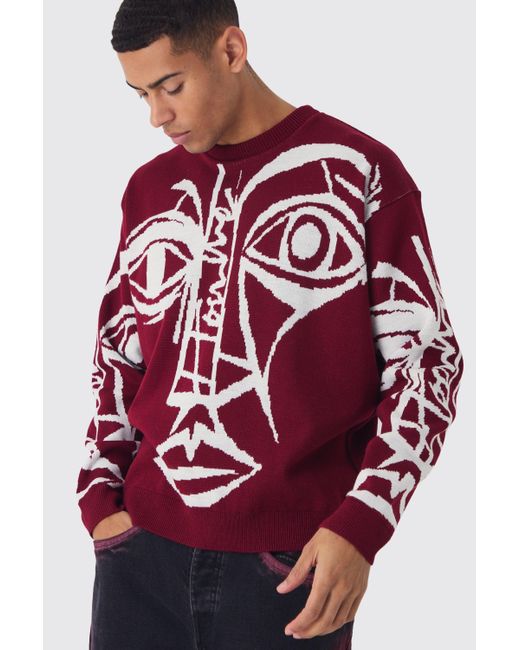 BoohooMAN Red Oversized Boxy Abstract Line Face Knitted Sweater for men