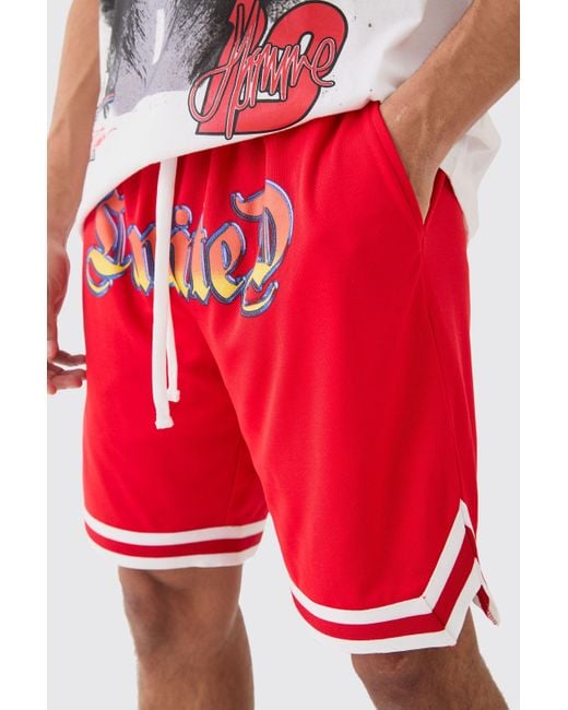 BoohooMAN Red Loose Fit Limited Applique Mesh Basketball Short for men