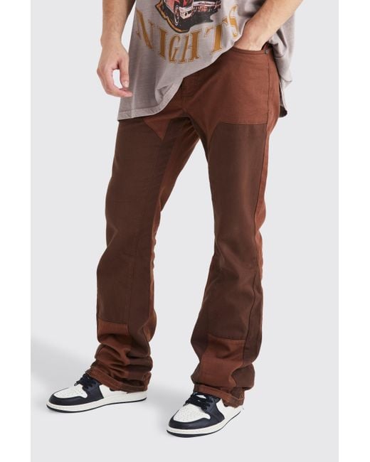BoohooMAN Brown Tall Slim Rigid Flare Overdye Carpenter Jeans for men
