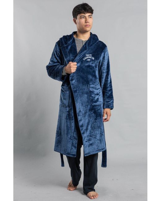 BoohooMAN Blue Tokyo Laundry Plush Dressing Gown With Hood for men