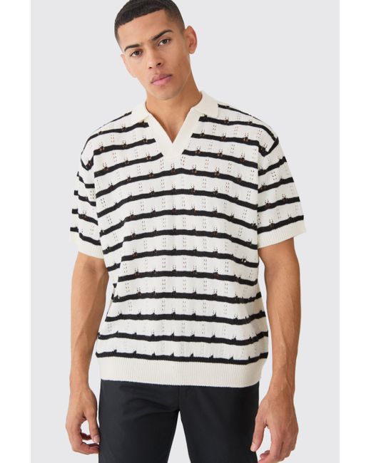 BoohooMAN White Short Sleeve Oversized Crochet Stripe Polo In Ecru for men