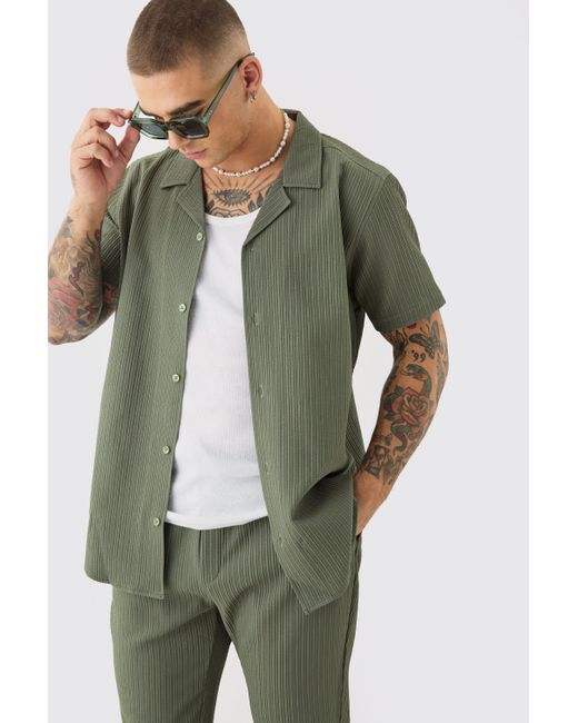 BoohooMAN Green Seersucker Revere Collar Shirt & Pants Set for men