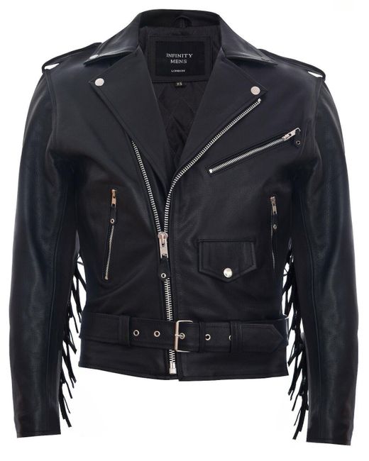 BoohooMAN Black Infinity Leather Fringe Hide Leather Brando Tasseled Motorcycle Biker Jacket for men