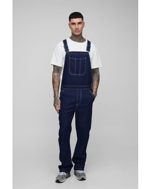 BoohooMAN Blue Tall Straight Leg Contrast Stitch Dungarees for men