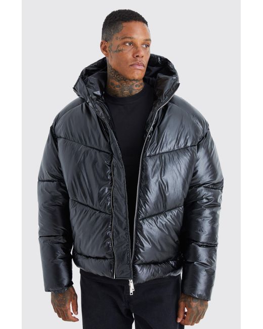 BoohooMAN Gray High Shine Hooded Puffer for men