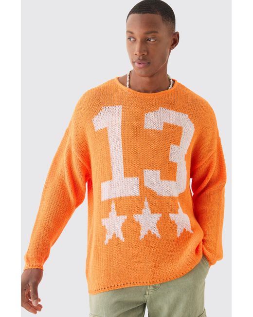 Boohoo Oversized Boxy Jacquard Varsity Open Stitch Sweater In Orange