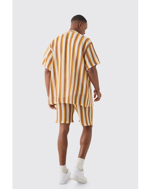 BoohooMAN Multicolor Oversized Open Stitch Stripe Knit Shirt In Mustard for men